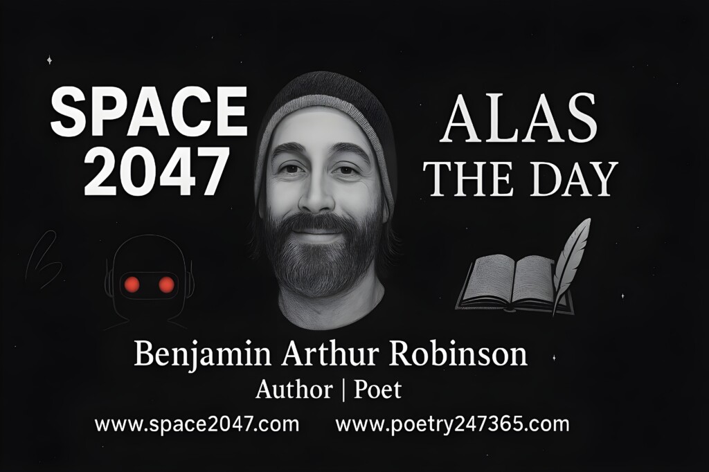 Poetry 247365 Benjamin Arthur Robinson, author of Space 2047, with book and robot illustration. Poetry and future themes. www.poetry247365.com