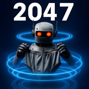 Poetry 247365 Space 2047 book cover featuring a robot with glowing eyes and blue energy rings. By Benjamin Arthur Robinson. www.poetry247365.com