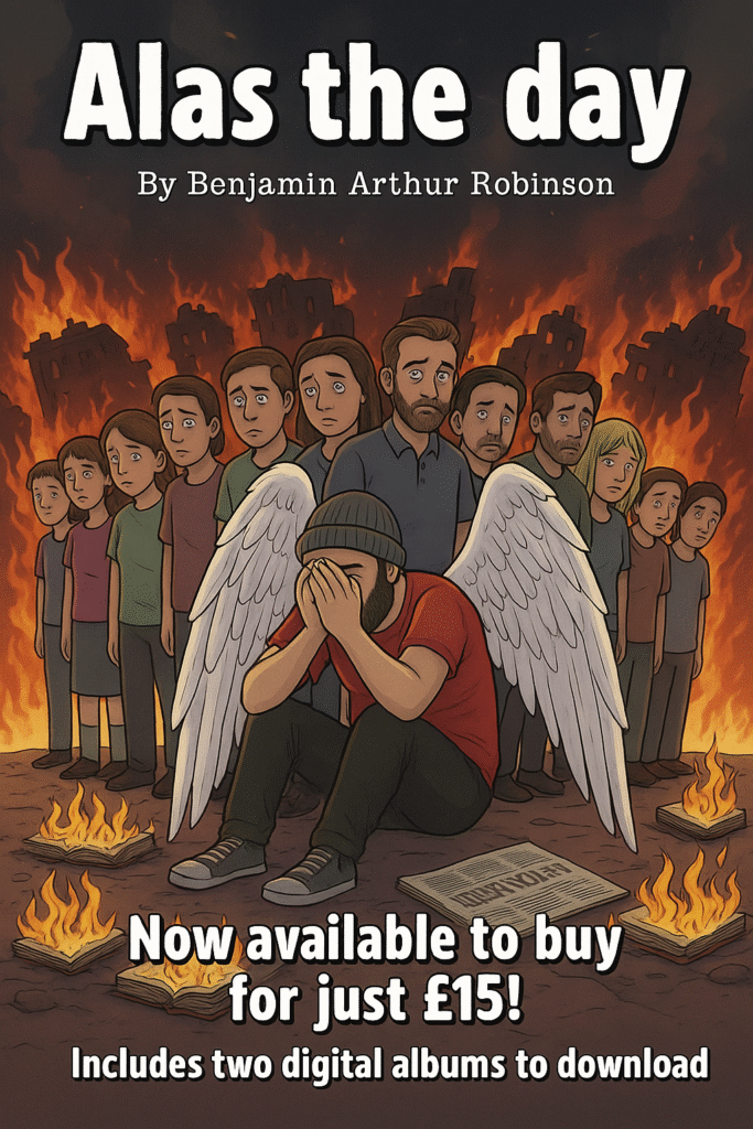 Poetry 247365 Book cover for "Alas the Day" by Benjamin Arthur Robinson, depicting a man with angel wings amidst a burning city. Includes text: "Now available to buy for just £15! Includes two digital albums to download. www.poetry247365.com